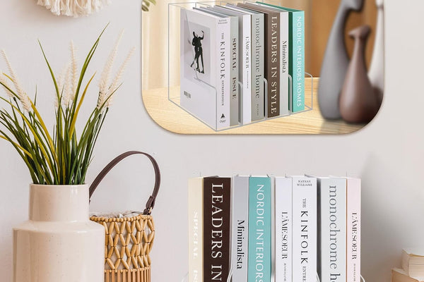 Clear Acrylic Book Organizer (1-4 Compartments) - Stackable Transparent Bookends for Home & Office