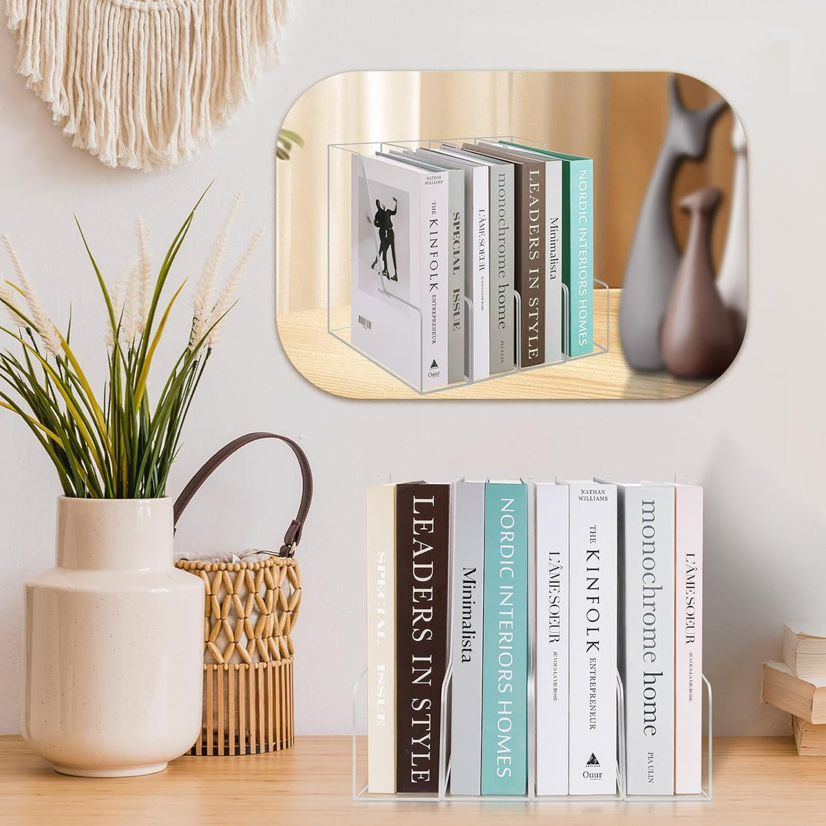 4-compartment acrylic book organizer on a living room table, styled with minimalist decor