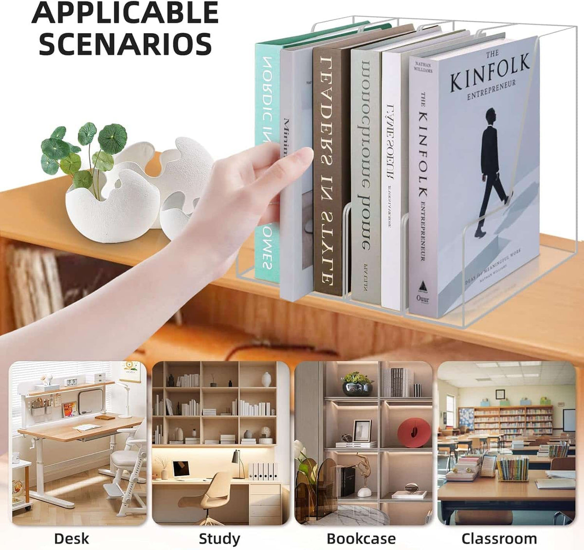 Clear acrylic book organizer shown on a desk, in a study, on a bookshelf, and in a classroom