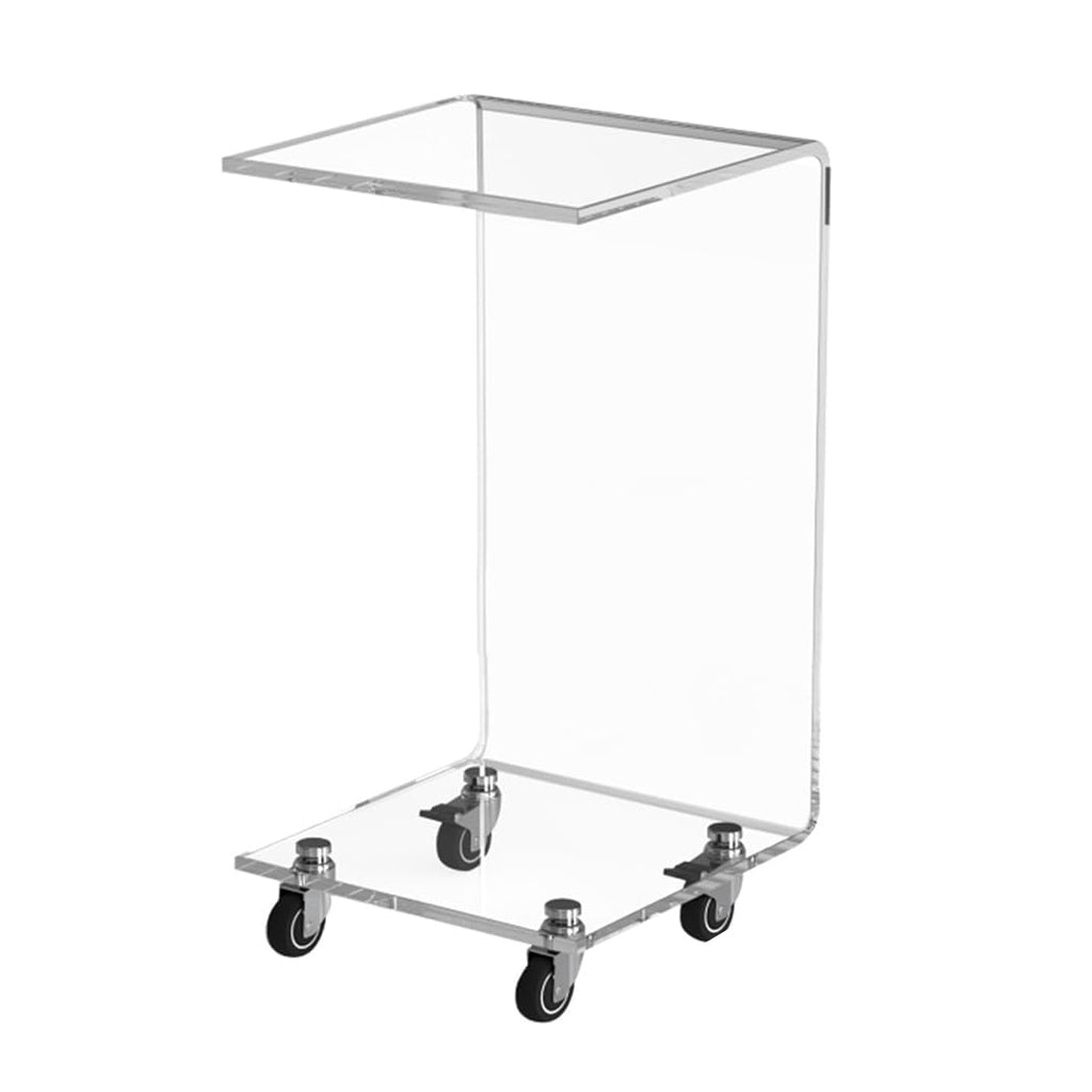 Clear Acrylic C-Shaped Side Table with Wheels | Anti-Tipping Rolling End Table