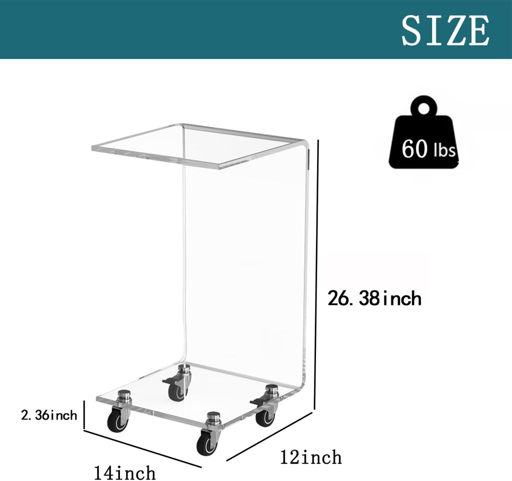 Dimension diagram of the acrylic C-shaped table: 14" x 12" x 26.38", with a 60 lbs weight capacity.
