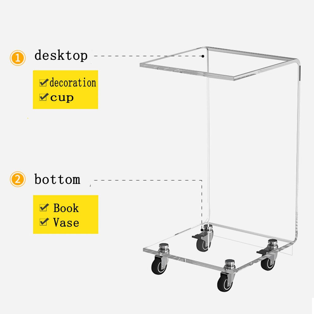 Dual-level acrylic C-table with the top for decor/cups and the bottom shelf for books/vases.