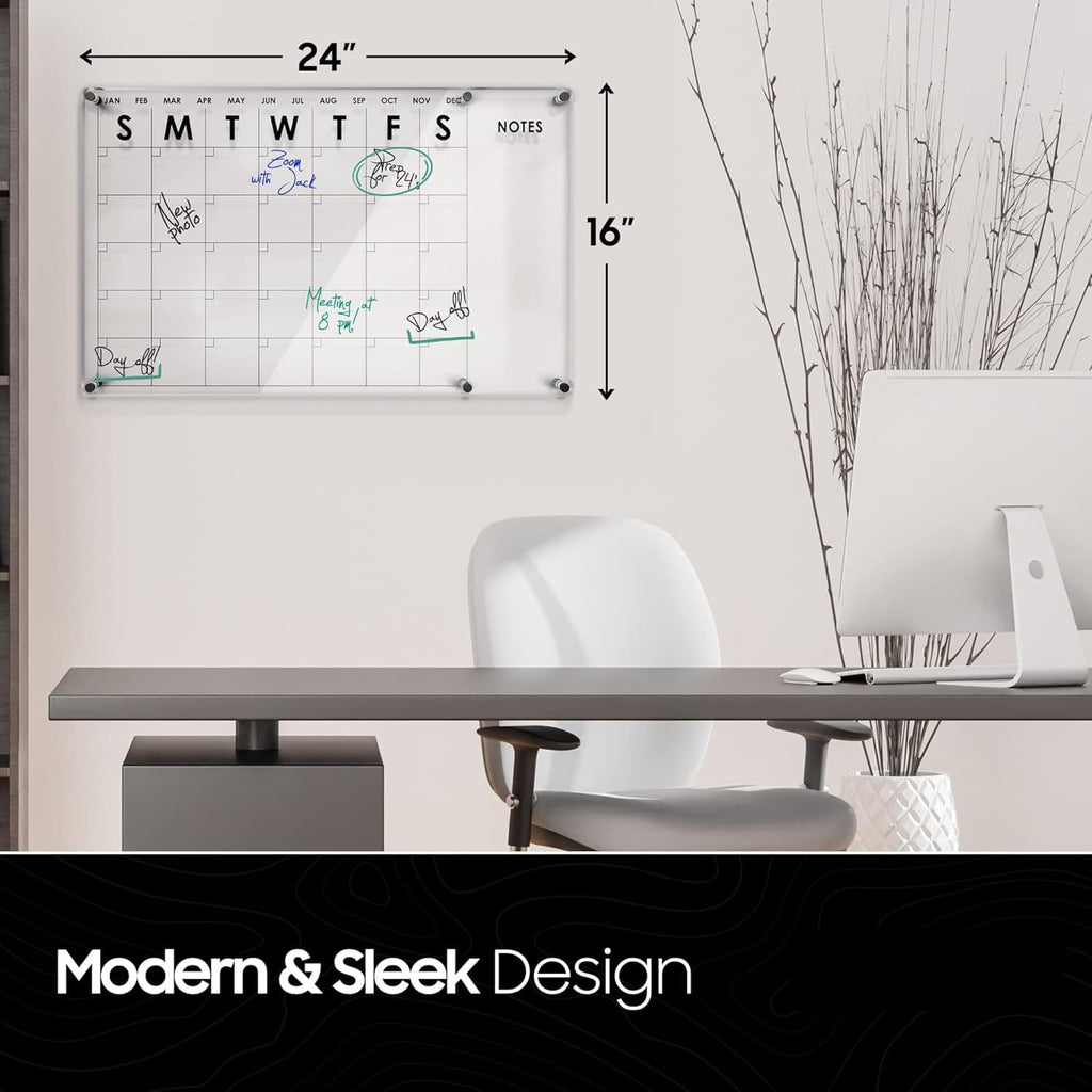 24×16 inch acrylic wall calendar with labeled dimensions, featuring modern sleek design