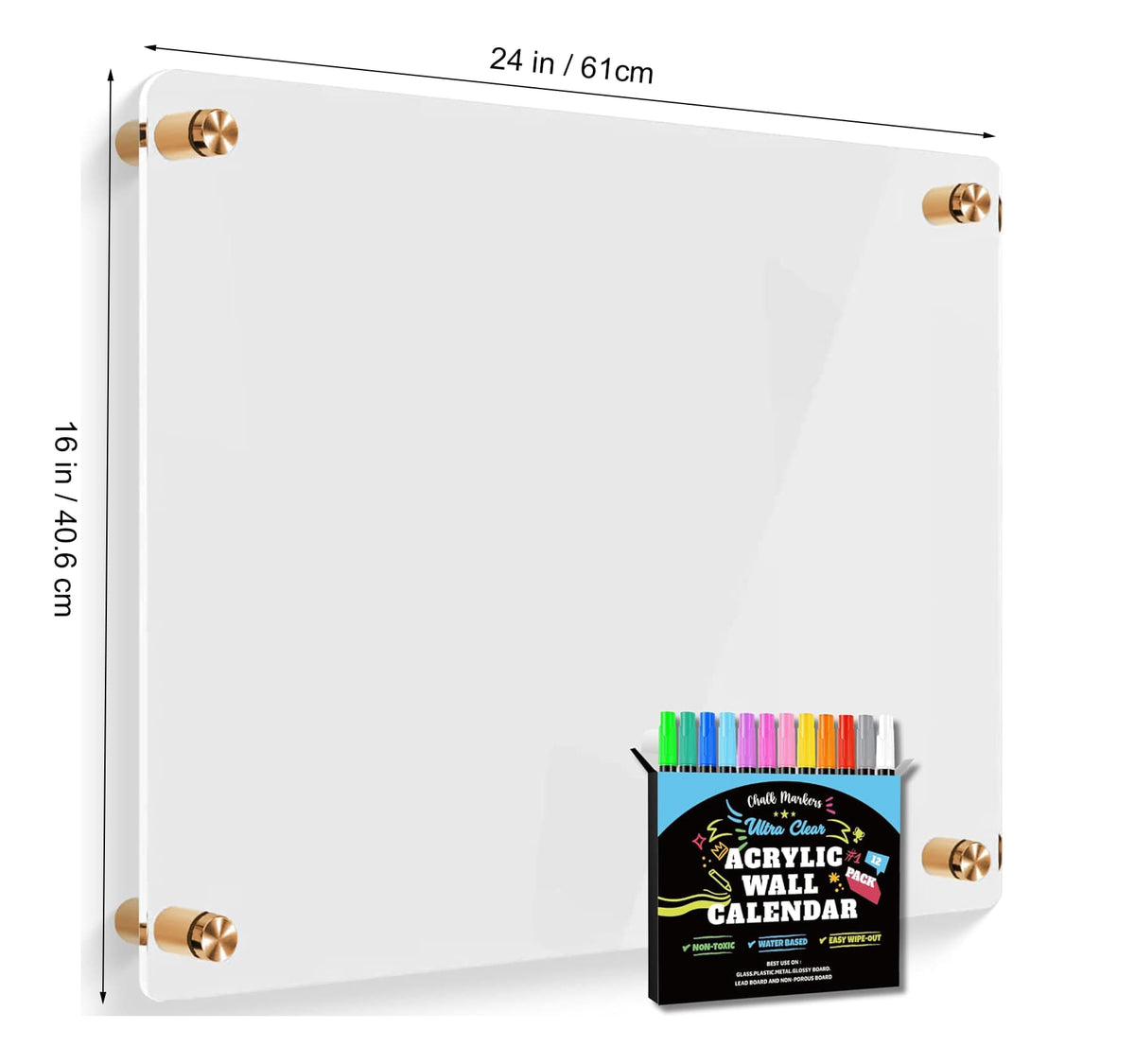 24" x 16" (61cm x 40.6cm) acrylic wall calendar dimensions with included marker set