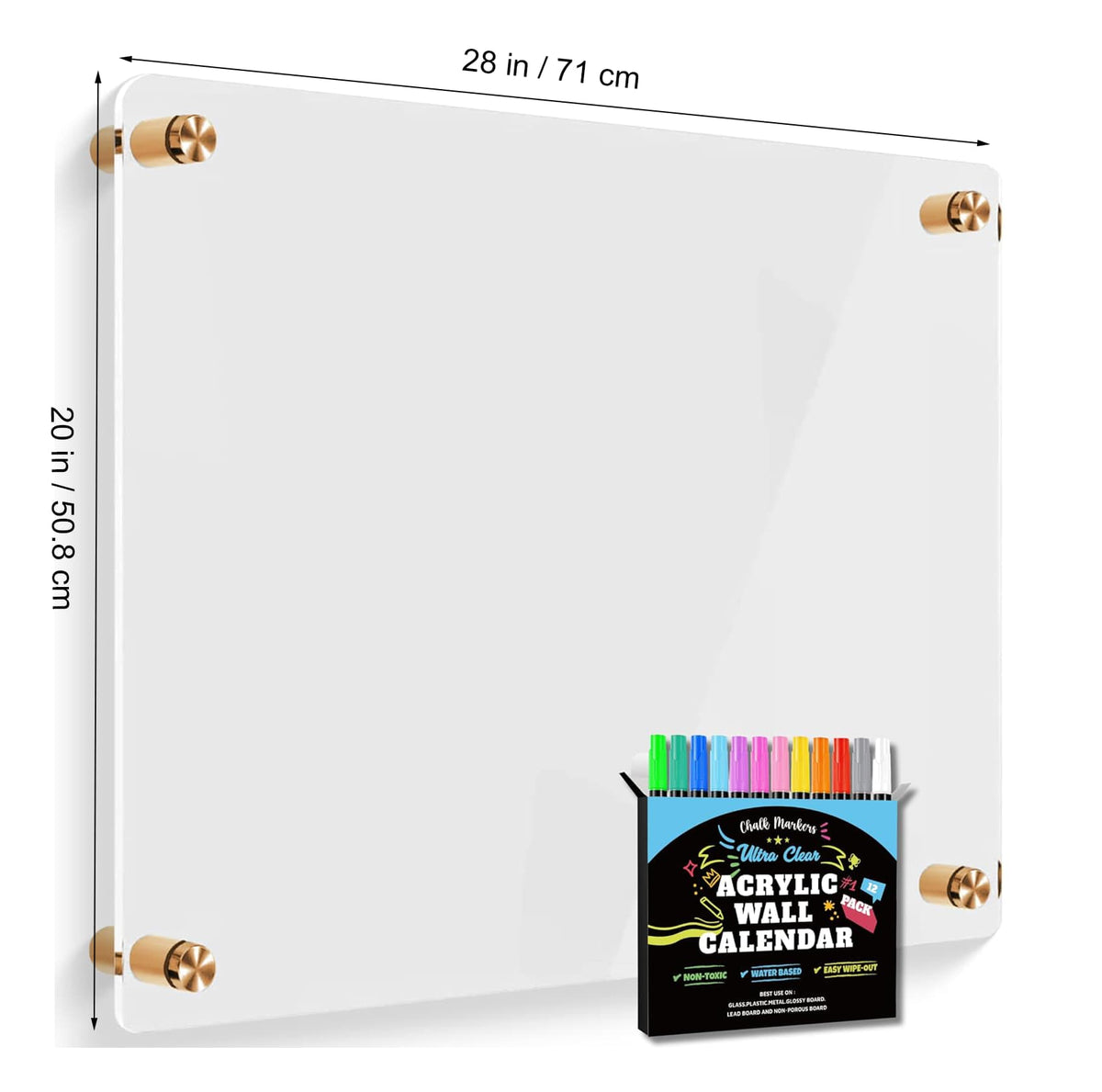 28" x 20" (71cm x 50.8cm) acrylic wall calendar dimensions with included marker set