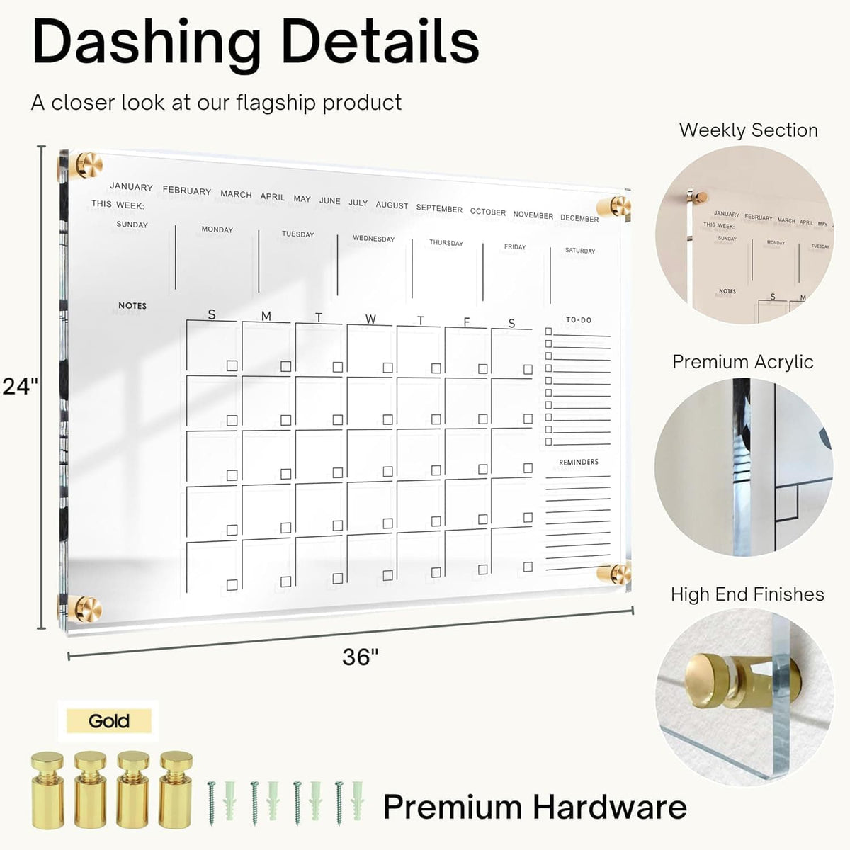 36×24 inch acrylic wall calendar details: weekly section, premium acrylic material, and gold hardware