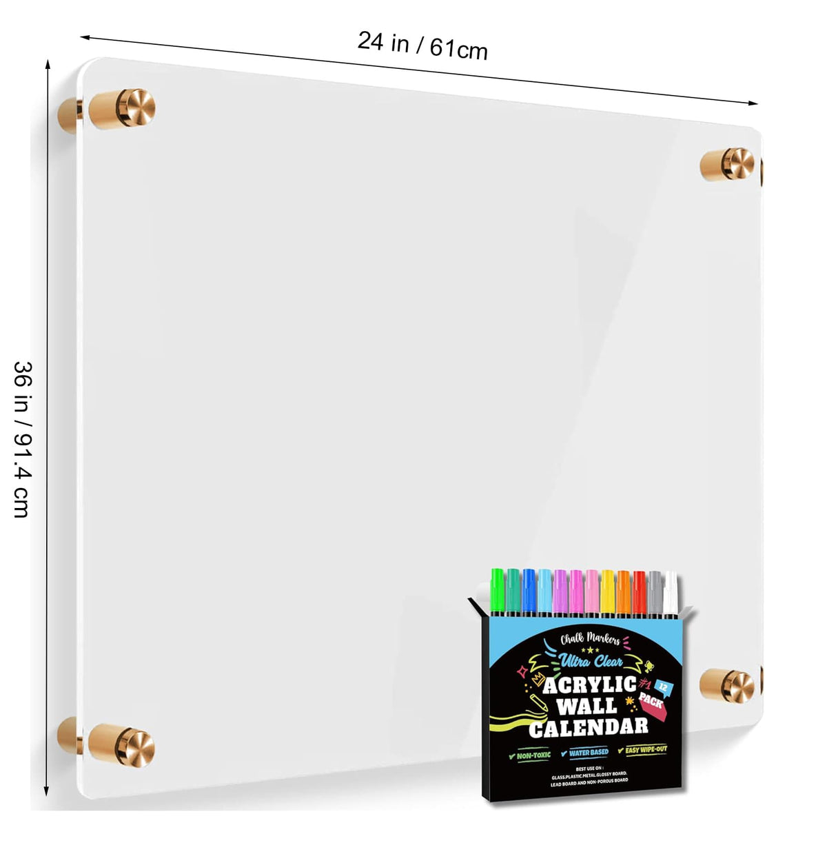 36" x 24" (91.4cm x 61cm) acrylic wall calendar dimensions with included marker set