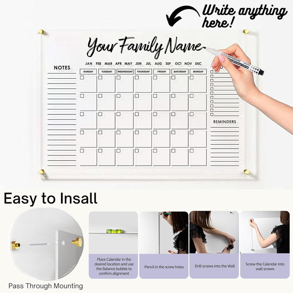 Customizable acrylic wall calendar, demonstrating writing a family name on the top section