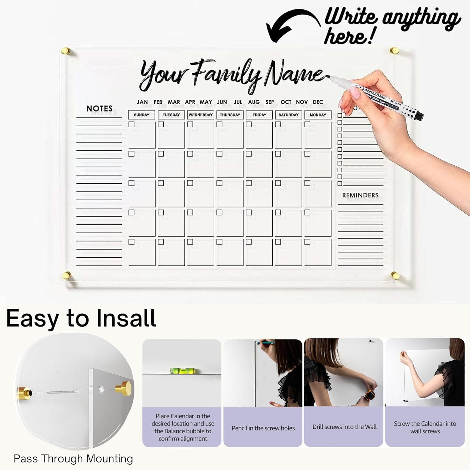 Customizable acrylic wall calendar, demonstrating writing a family name on the top section