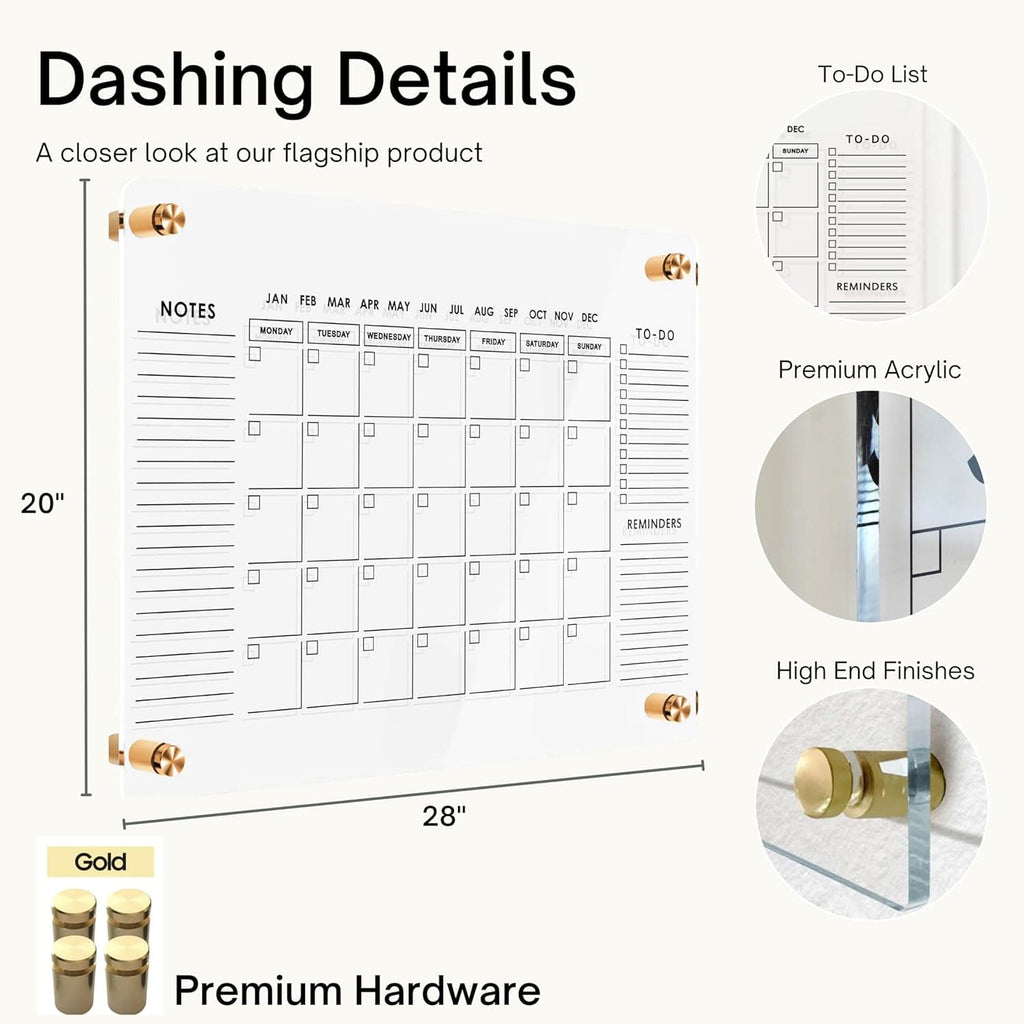 28×20 inch acrylic wall calendar details: gold hardware, to-do list section, and premium acrylic material