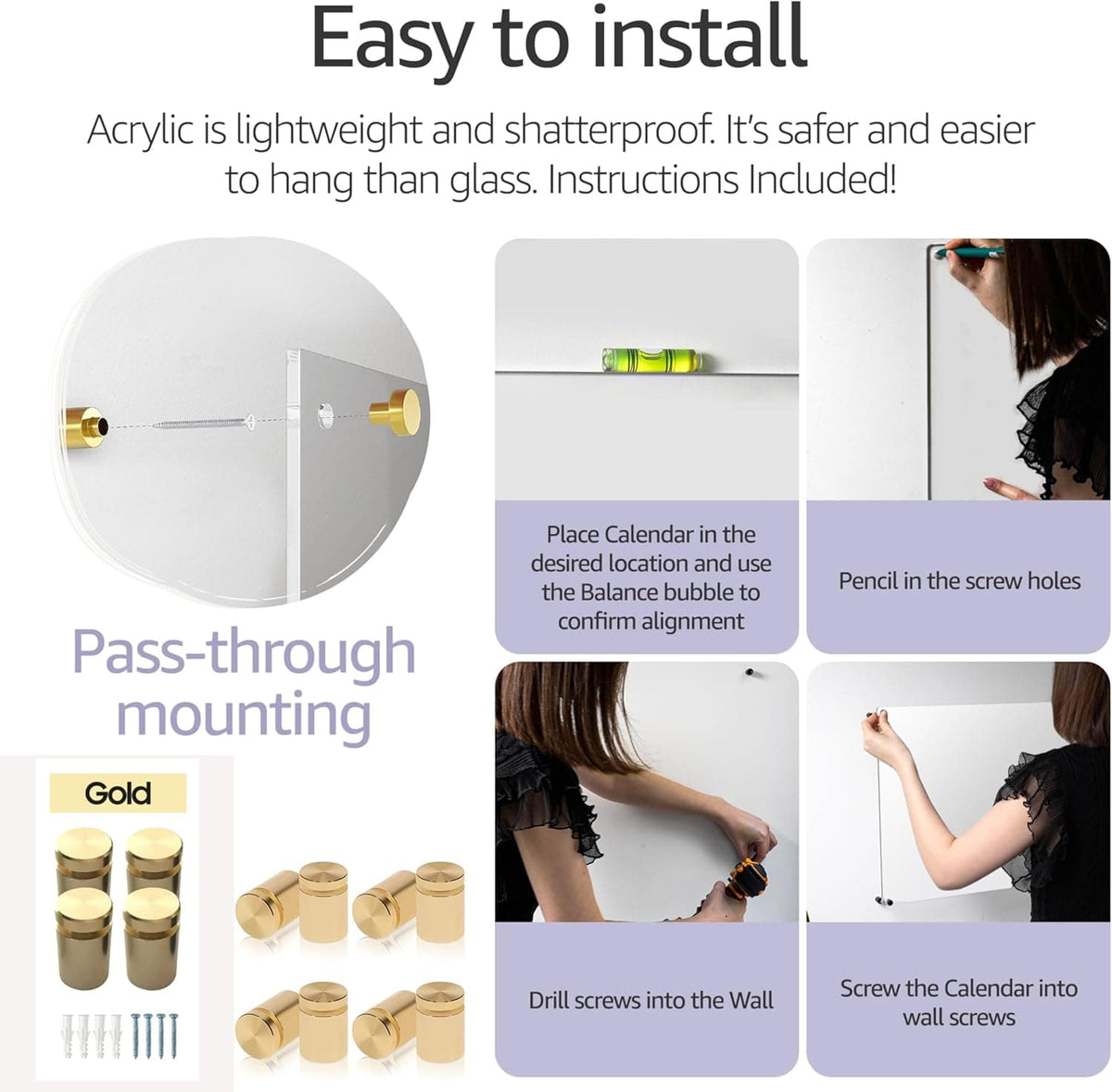Step-by-step installation guide for the acrylic wall calendar, showing pass-through mounting and alignment steps
