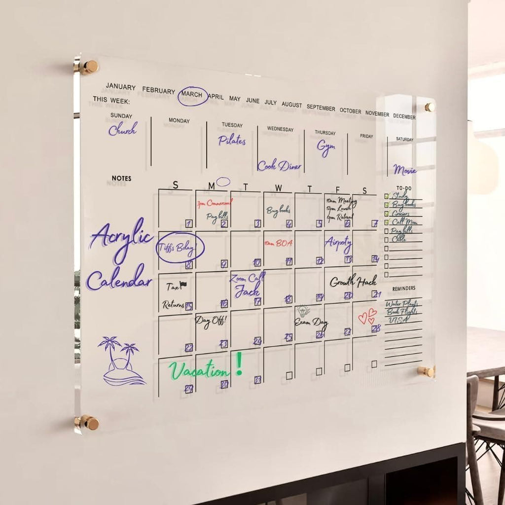 Clear acrylic wall planner in use, showing monthly schedule, weekly planner, and to-do list sections