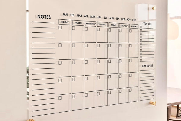 Clear Acrylic Wall Monthly Planner Calendar Set (28×20 Inches) – Erasable Family & Office Planning Board with Colorful Markers and Gold Hardware