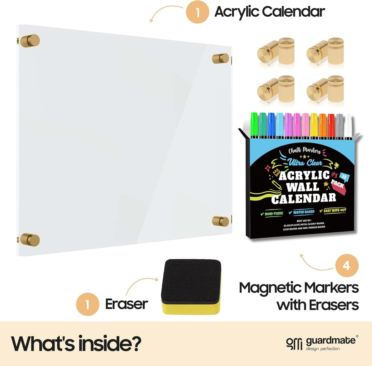 Package contents of the acrylic wall calendar: 1 acrylic board, 4 gold mounts, 1 eraser, and 12 magnetic dry erase markers