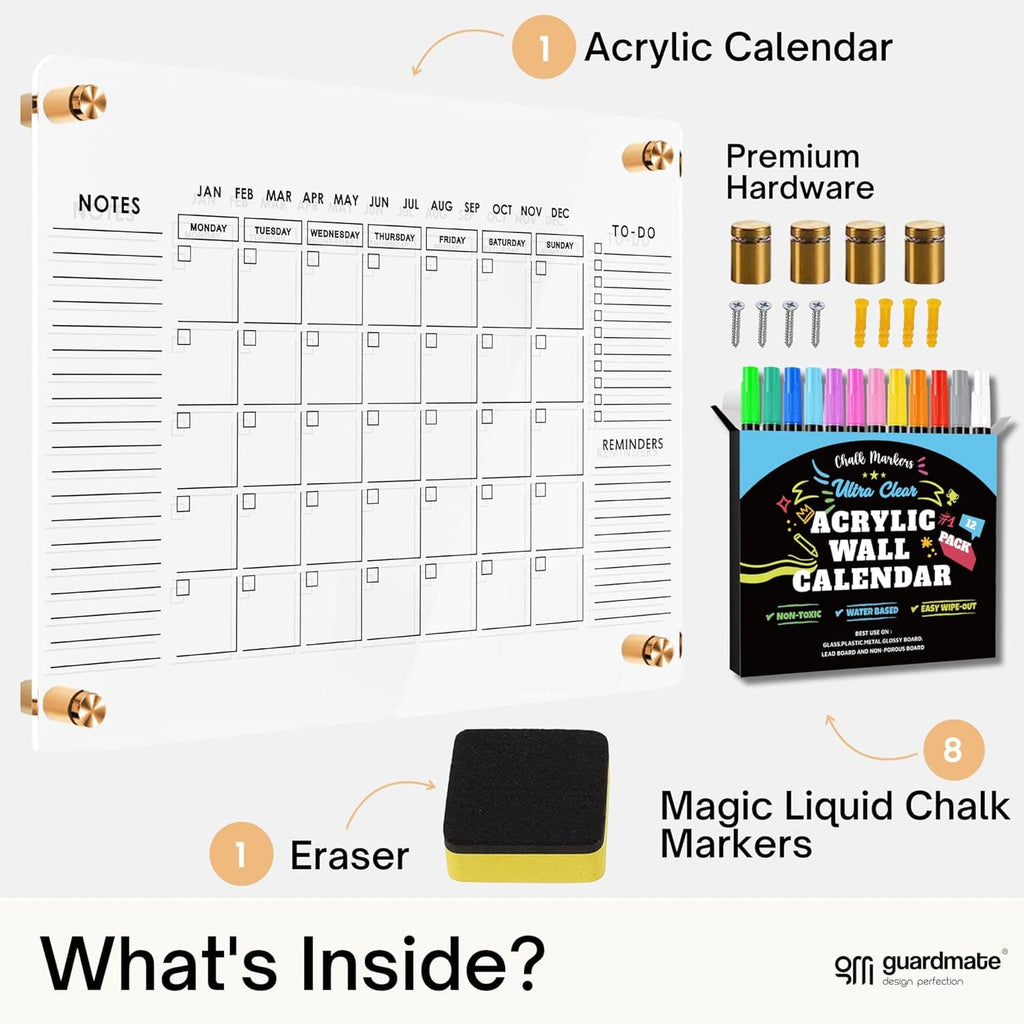 What's inside the acrylic wall calendar set: calendar board, gold hardware, erasable markers, and eraser