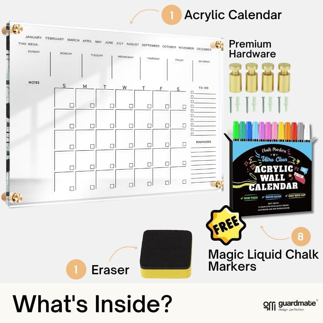 What's inside the acrylic calendar set: board, gold hardware, markers, and eraser