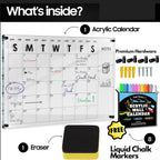 What's inside the acrylic wall calendar set: calendar board, markers, hardware, and eraser
