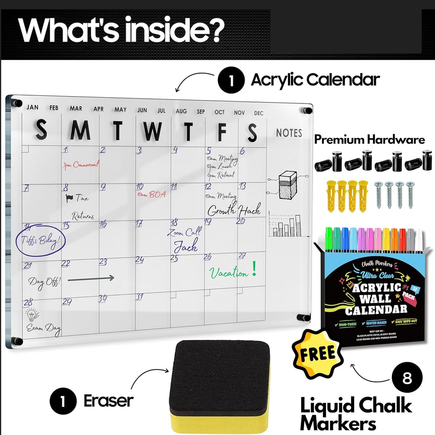 What's inside the acrylic wall calendar set: calendar board, markers, hardware, and eraser
