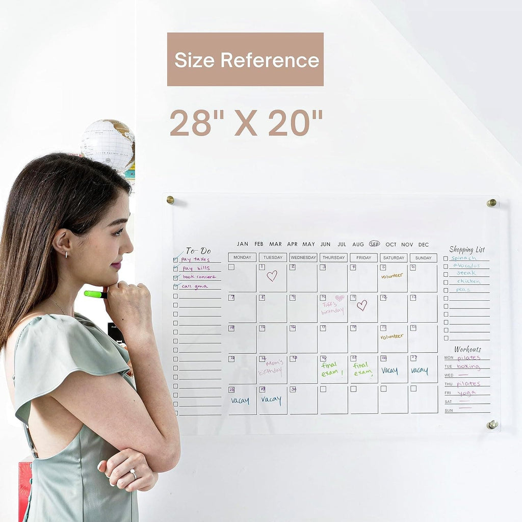 Size reference of the 28×20 inch acrylic wall calendar, showing actual scale with a user