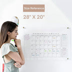 Size reference of the 28×20 inch acrylic wall calendar, showing actual scale with a user