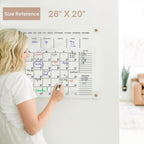 28×20 inch acrylic wall calendar size reference with a user demonstrating writing
