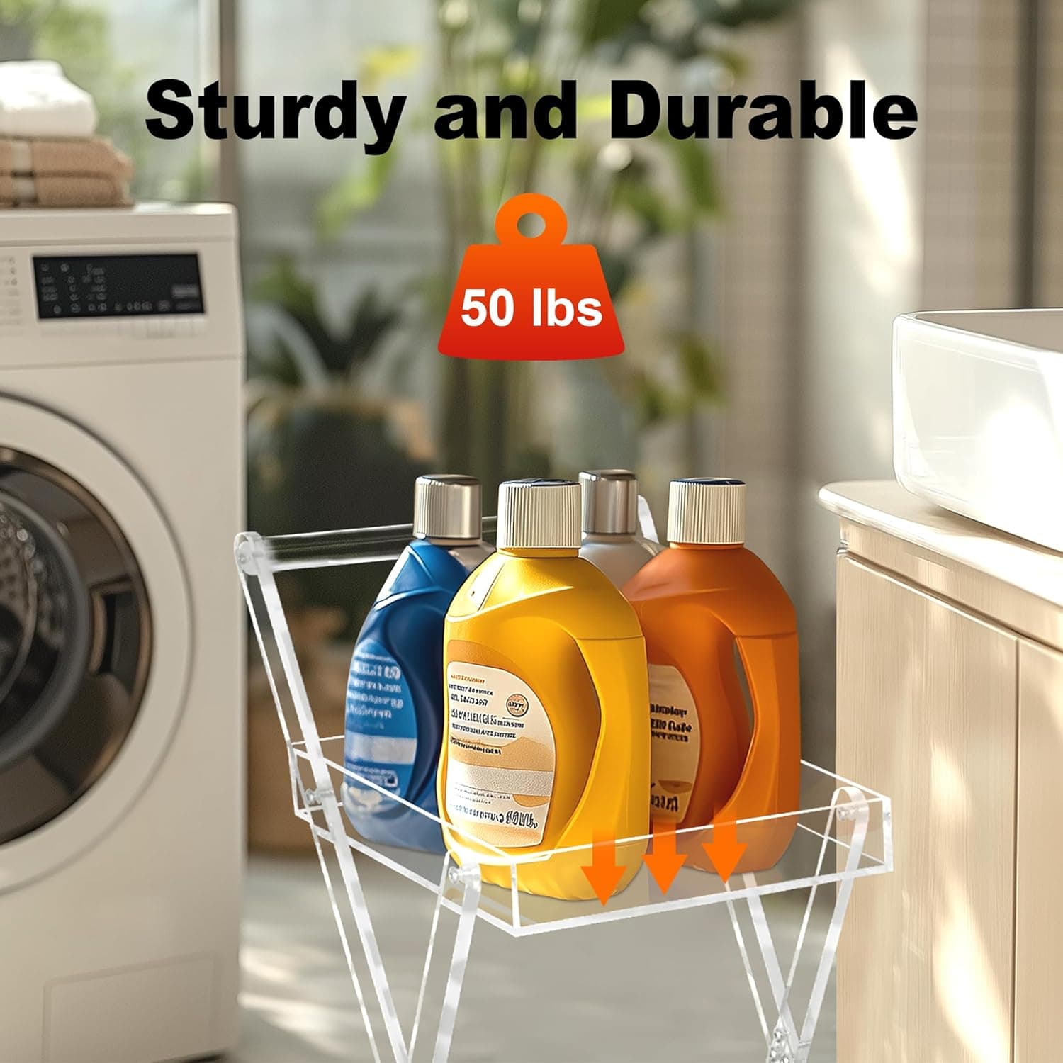 2-tier acrylic cart demonstrating 50 lbs load capacity with laundry detergent bottles