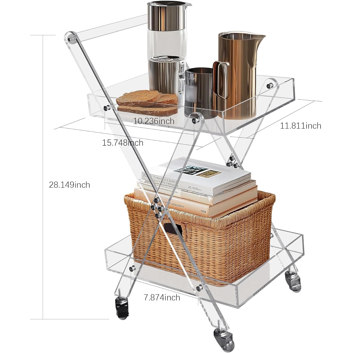 Size specifications of 2-tier acrylic rolling cart: 15.7"×11.8"×28.1"