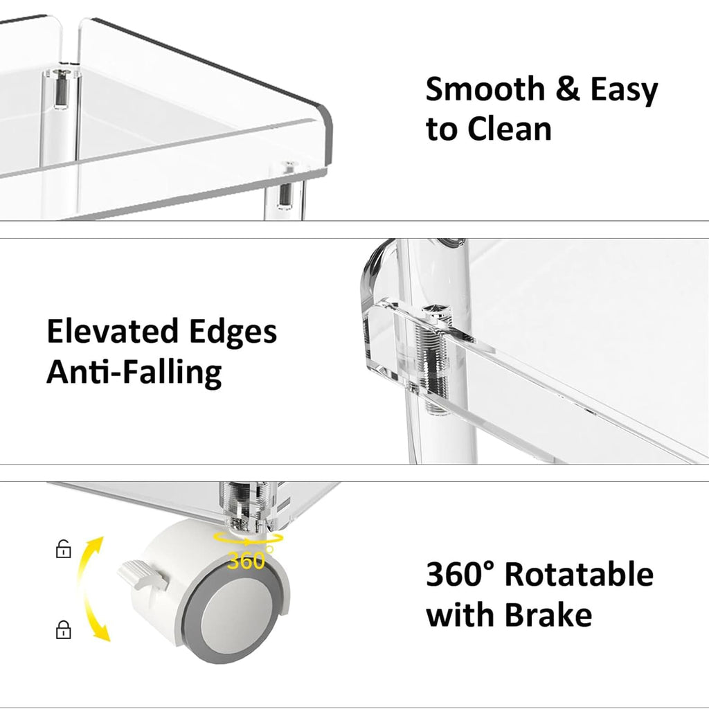 Close-up of 4-tier acrylic cart features: easy-clean surface, anti-fall edges, and 360° lockable wheels