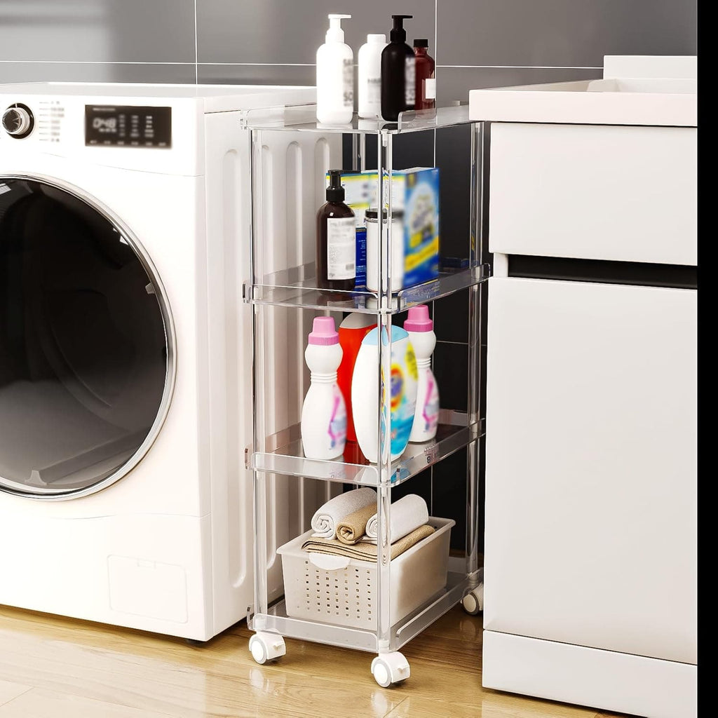 4-tier acrylic rolling cart organizing laundry supplies next to a washing machine