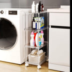 4-tier acrylic rolling cart organizing laundry supplies next to a washing machine