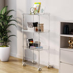 Key features of 4-tier acrylic cart: 360° wheels, anti-fall edges, 20 lbs per shelf capacity