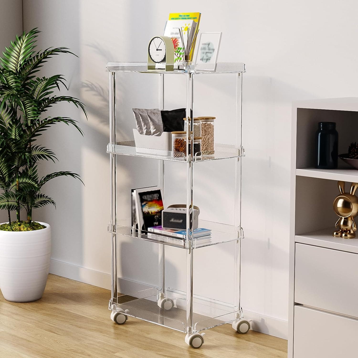 Key features of 4-tier acrylic cart: 360° wheels, anti-fall edges, 20 lbs per shelf capacity