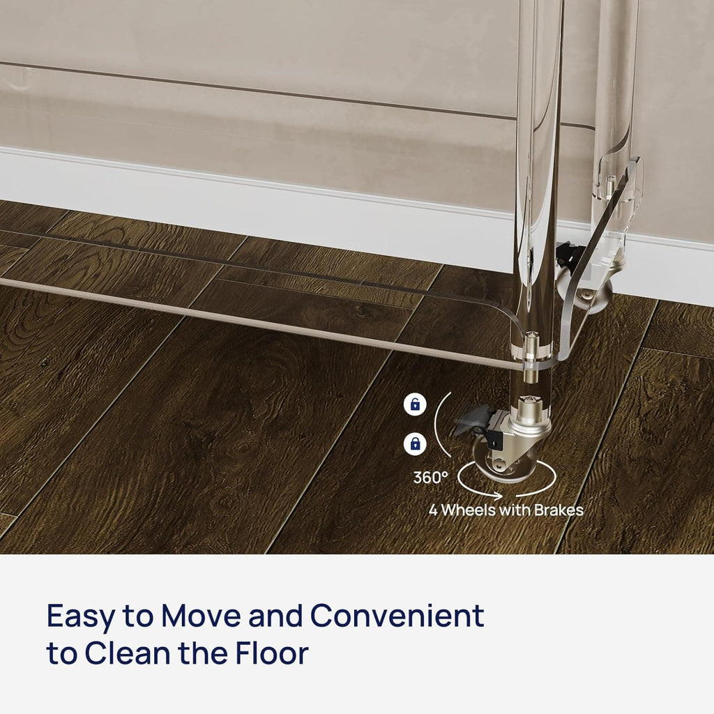 Close-up of locking caster wheels on an acrylic bar cart, highlighting 360° mobility and floor-friendly design