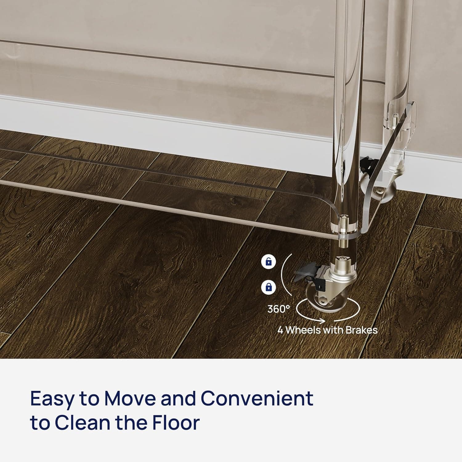 Close-up of locking caster wheels on an acrylic bar cart, highlighting 360° mobility and floor-friendly design