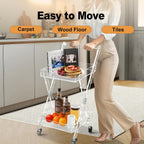 User moving an acrylic rolling cart across carpet, wood floor, and tile surfaces