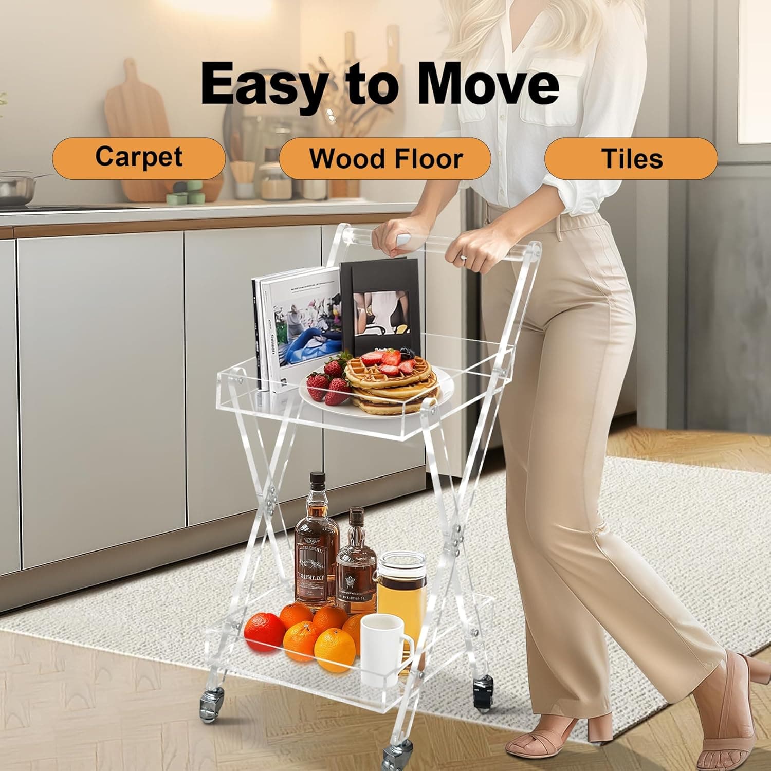 User moving an acrylic rolling cart across carpet, wood floor, and tile surfaces