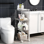 4-tier acrylic rolling cart used as bathroom storage next to a toilet