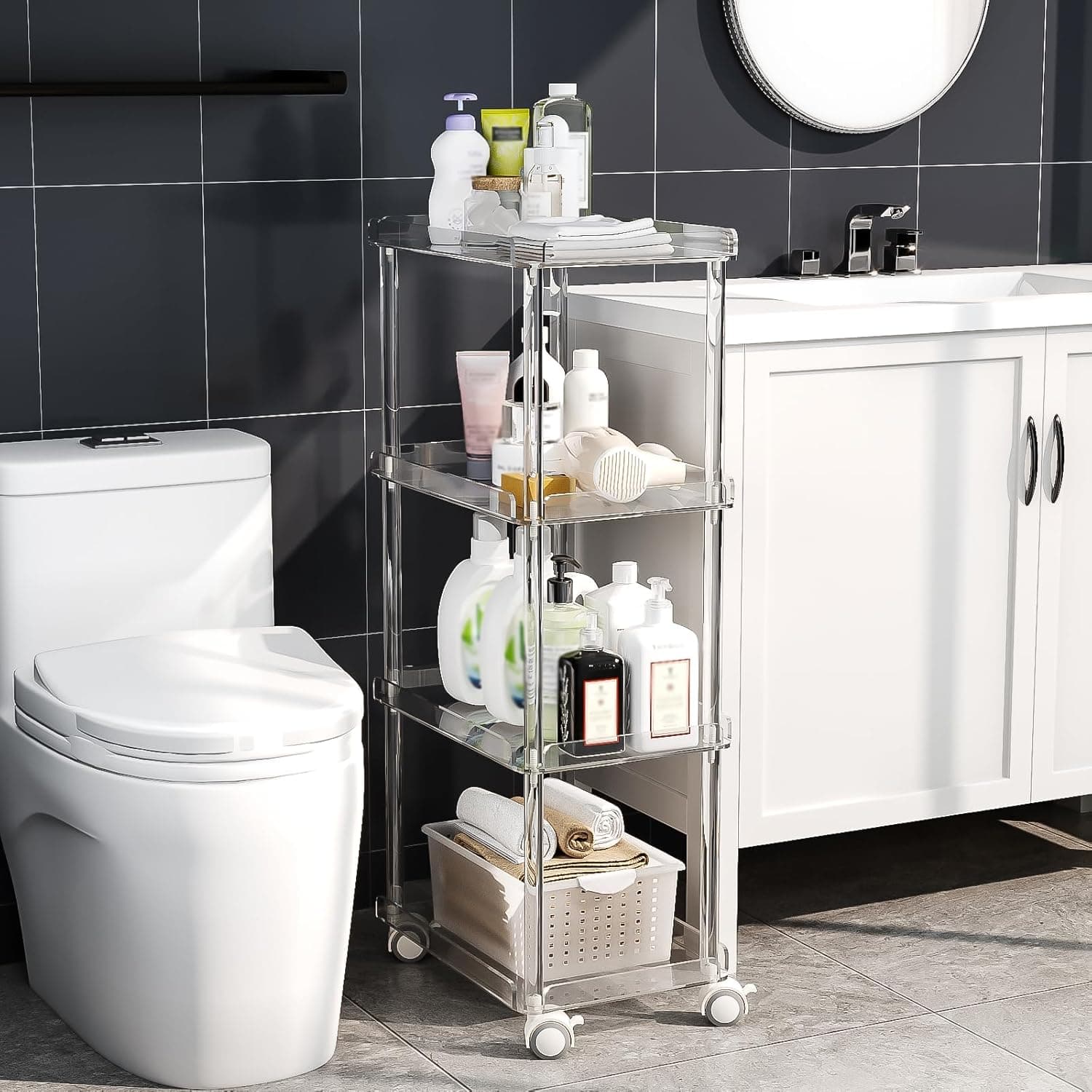 4-tier acrylic rolling cart used as bathroom storage next to a toilet