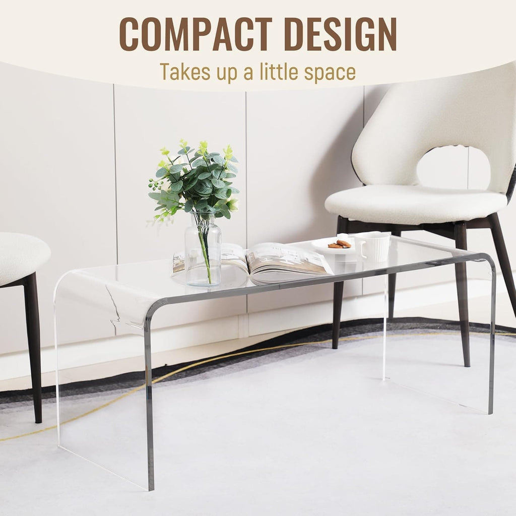 Space-saving acrylic coffee table in a minimalist living room, emphasizing its compact footprint and transparent design