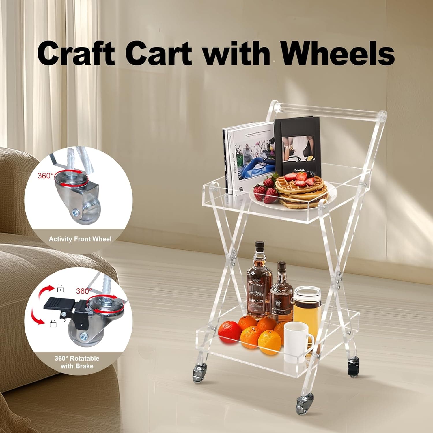 Clear acrylic rolling cart used as a craft cart in a living room, with lockable wheels