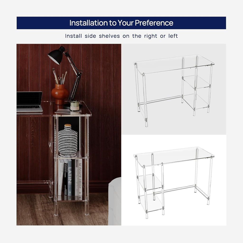 Acrylic desk with side shelves installed on left and right to show flexible installation options