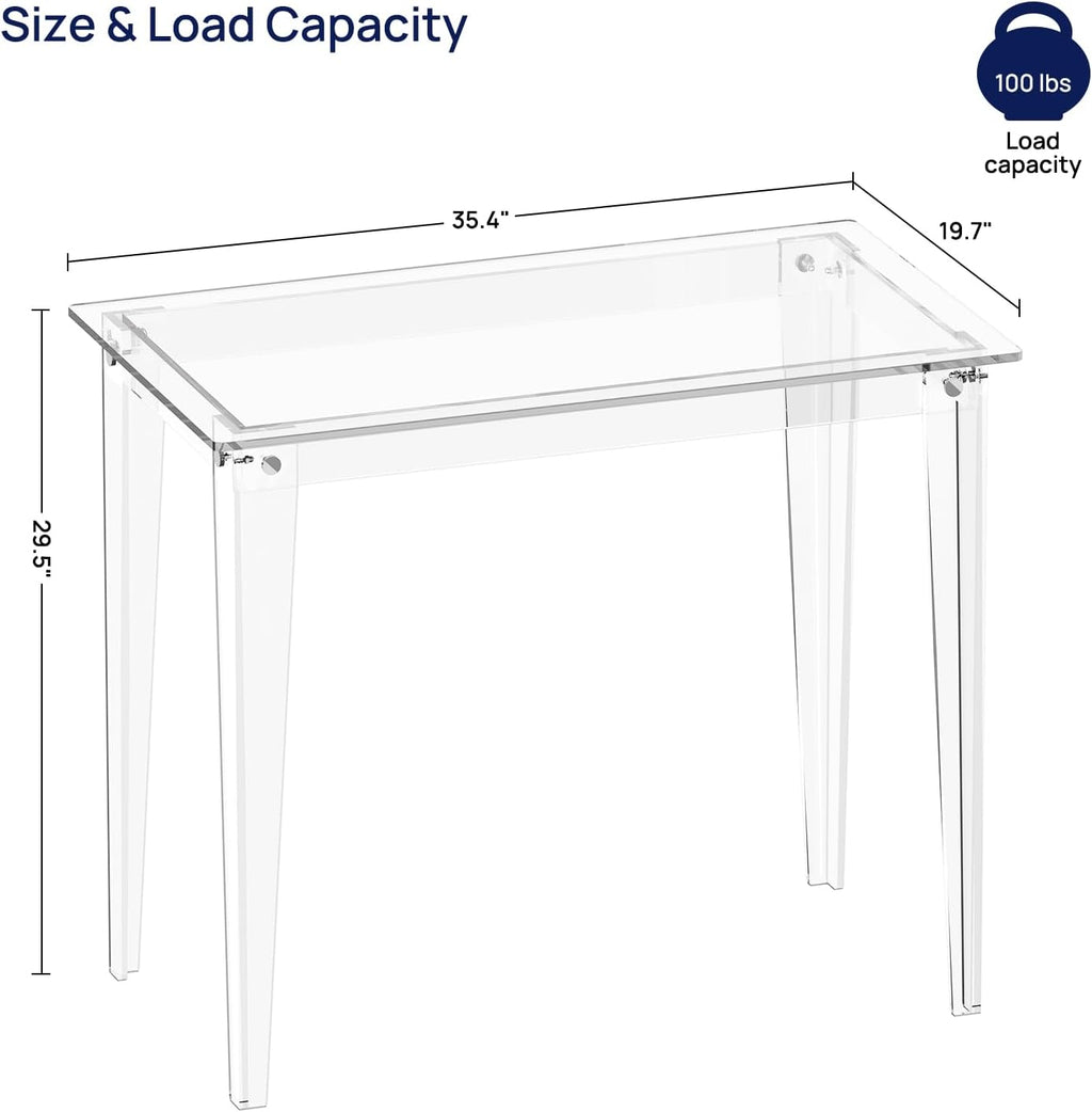 35.4-inch clear acrylic desk size and load capacity diagram