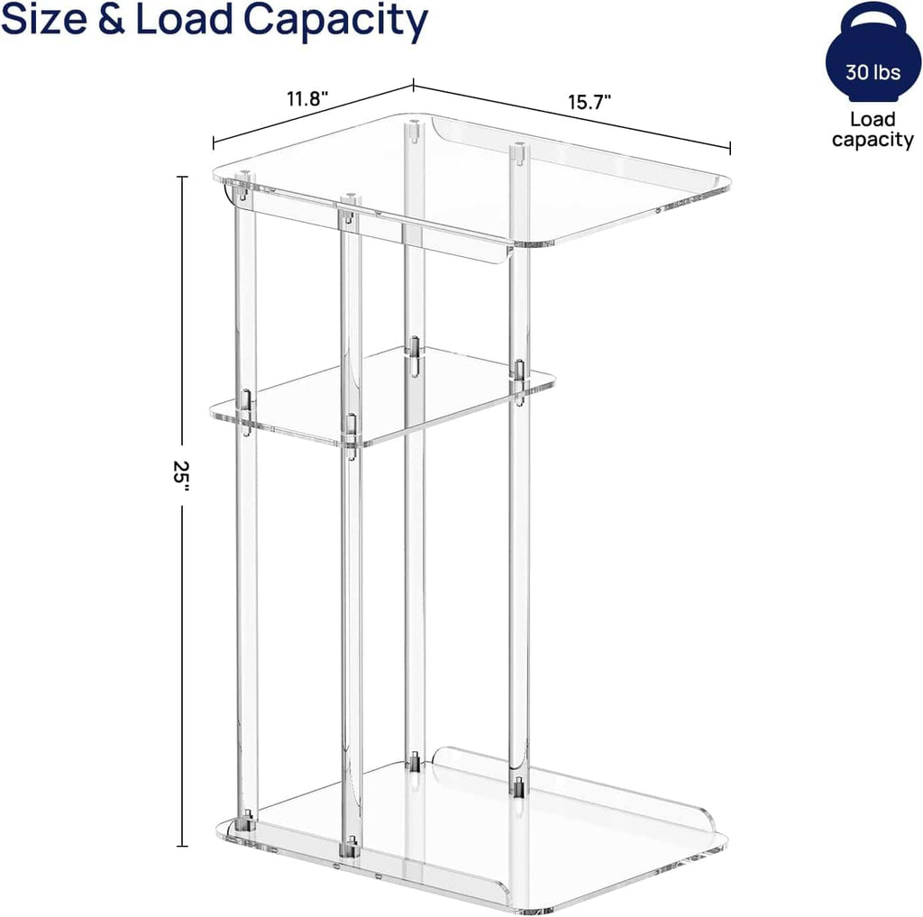 Size and load capacity diagram of a 3-tier acrylic end table, showing 15.7" x 11.8" tabletop and 30 lbs load capacity