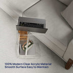 3-tier acrylic end table used as a laptop stand, with electronics and books stored on lower shelves