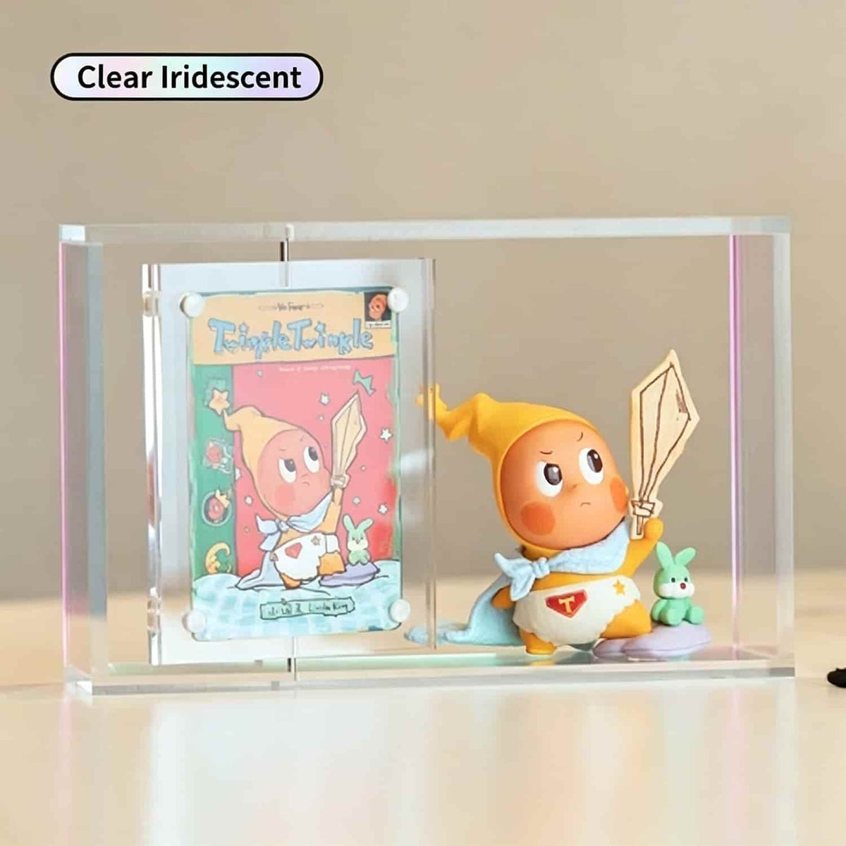 Clear iridescent acrylic figure display box, blind box showcase with rotating trading card compartment