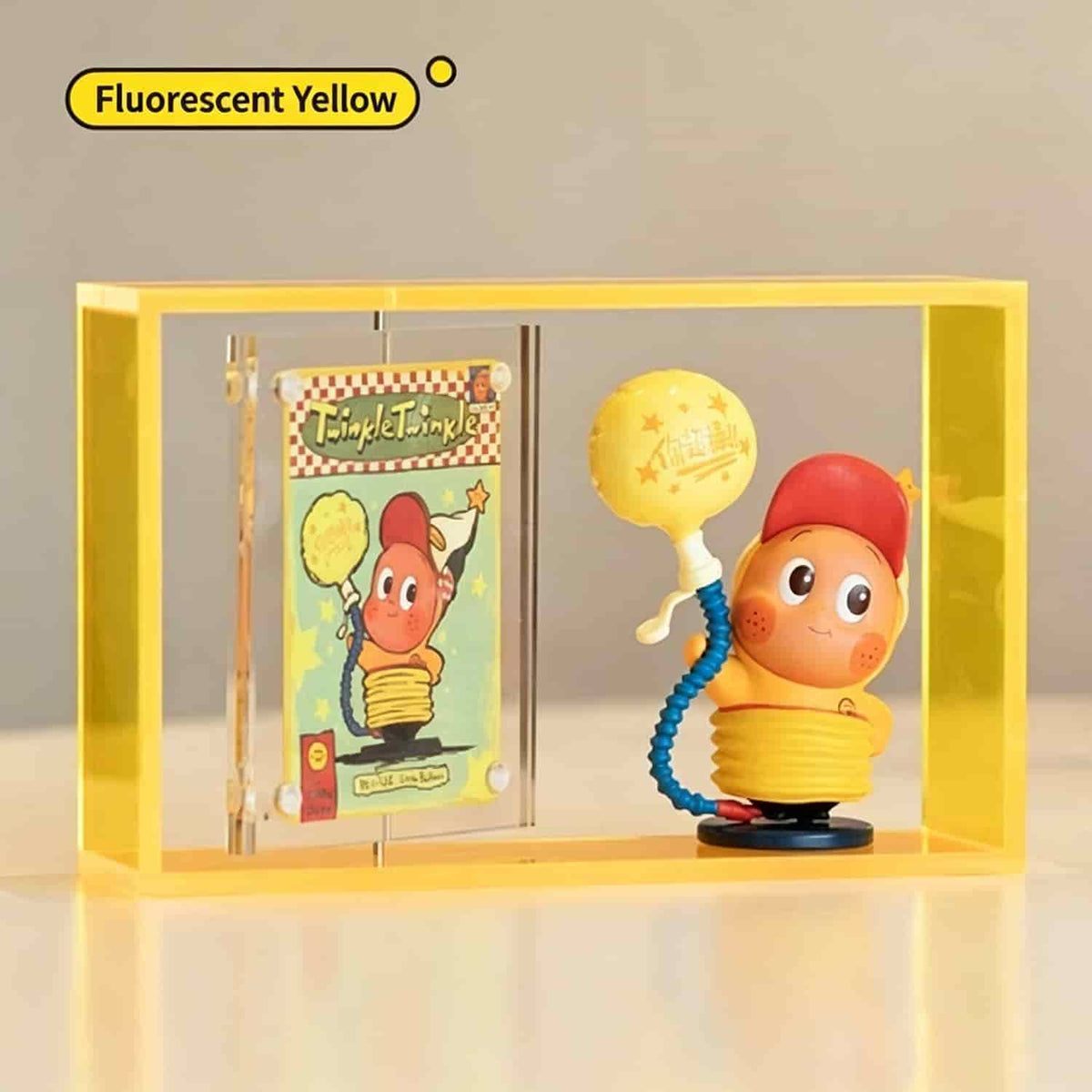 Fluorescent yellow acrylic blind box display case, toy collectible box with rotating character card holder