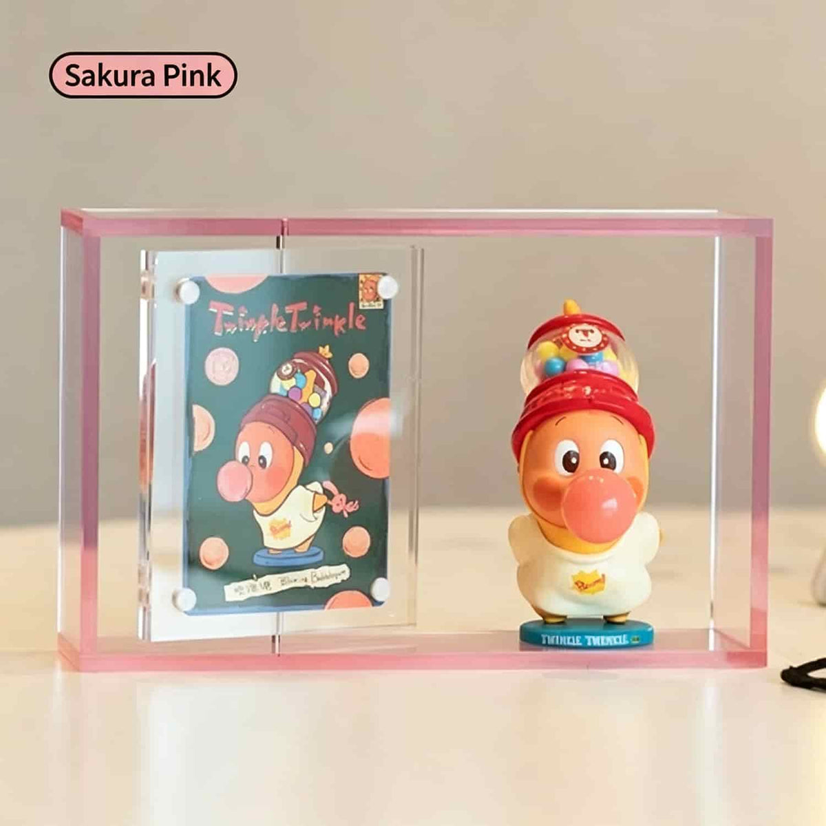 Sakura pink acrylic collectible display case, acrylic showcase with rotating id card slot for blind box figures