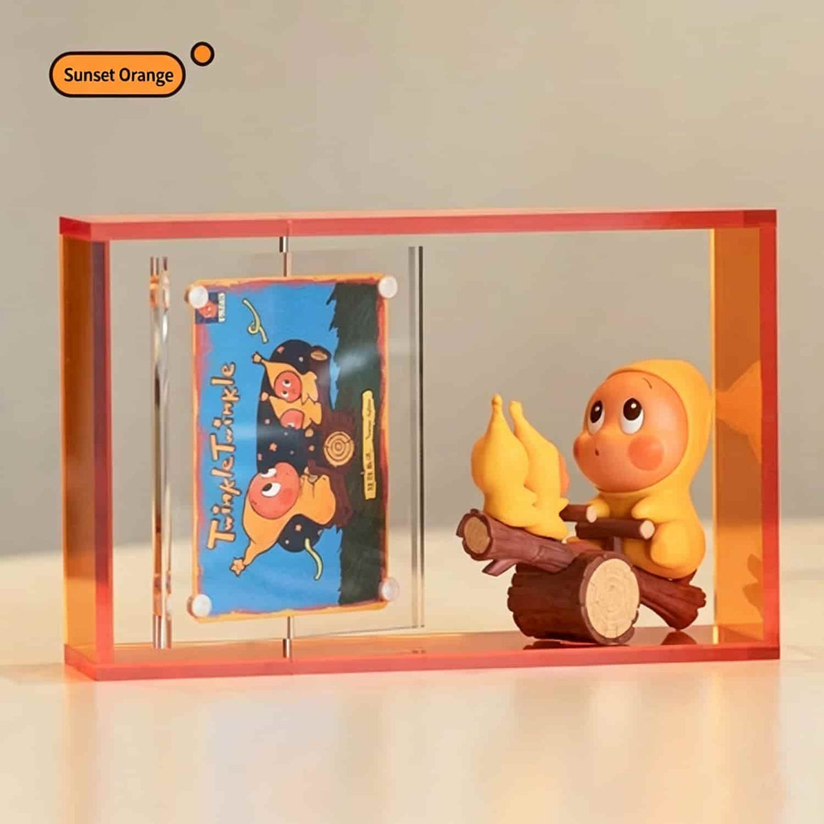 Sunset orange acrylic collectible showcase, display box with rotating id card slot for blind box toy figure