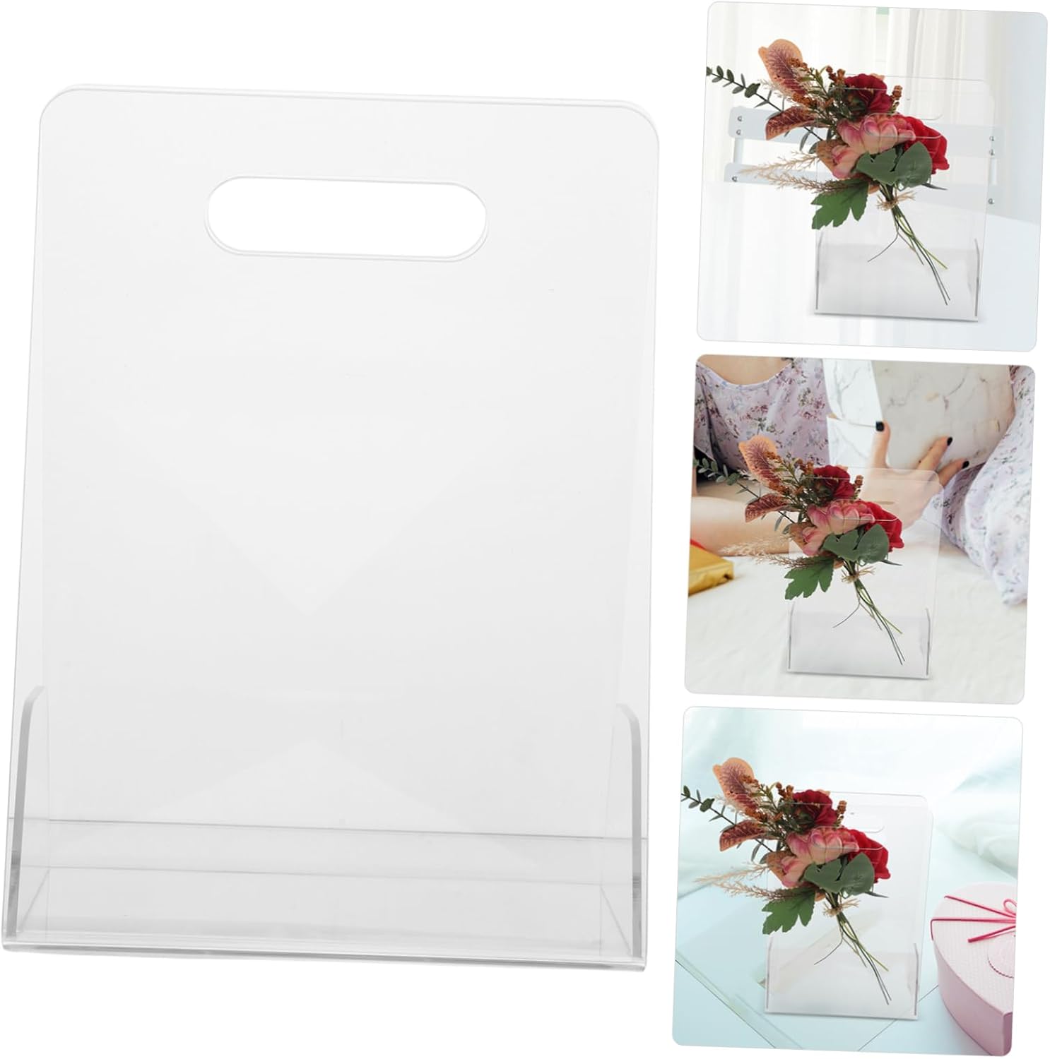 Clear acrylic flower box with a collage of usage scenarios, showcasing versatility