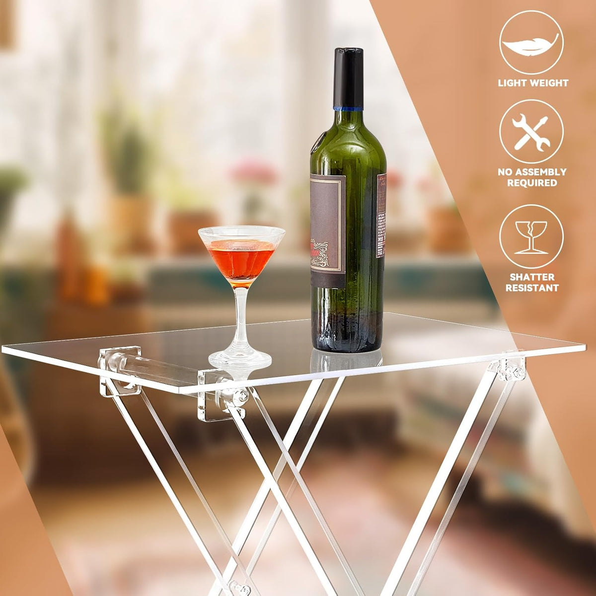 Clear acrylic foldable table styled as a bar cart, with a wine bottle and cocktail glass for entertaining